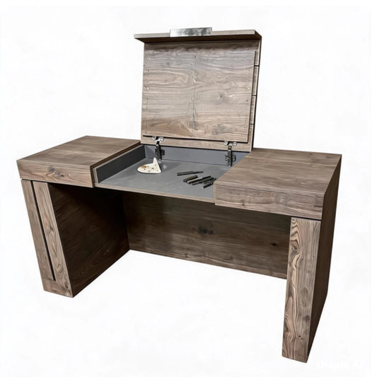 A wooden vanity on a white background