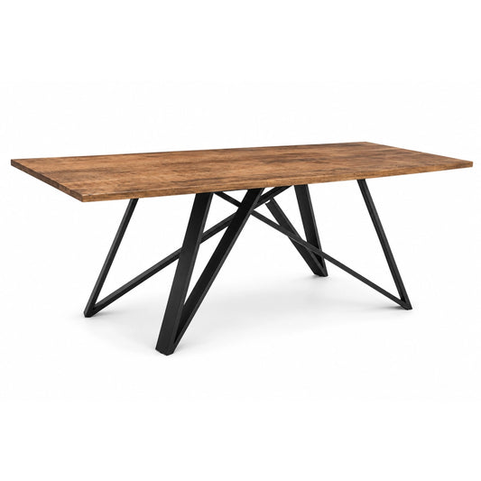 A Wood and metal dining table on a white background
