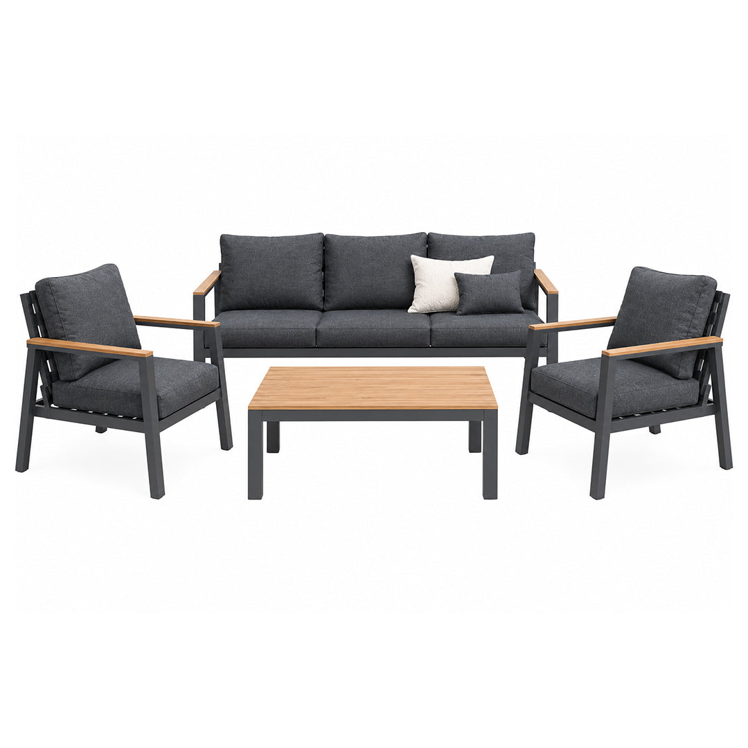 Maui four-piece outdoor patio suite with charcoal sofa, two armchairs and coffee table