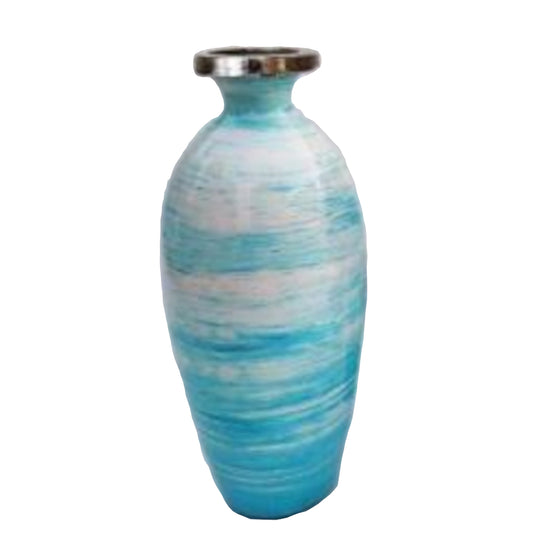 Turquoise and white striped vase on a white background