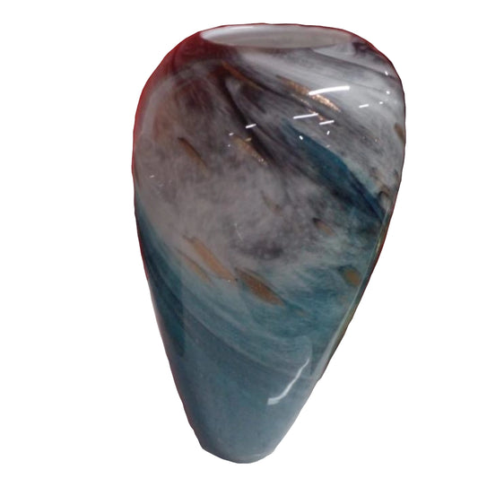 A Medium sized glass vase with blue and grey colours on a white background