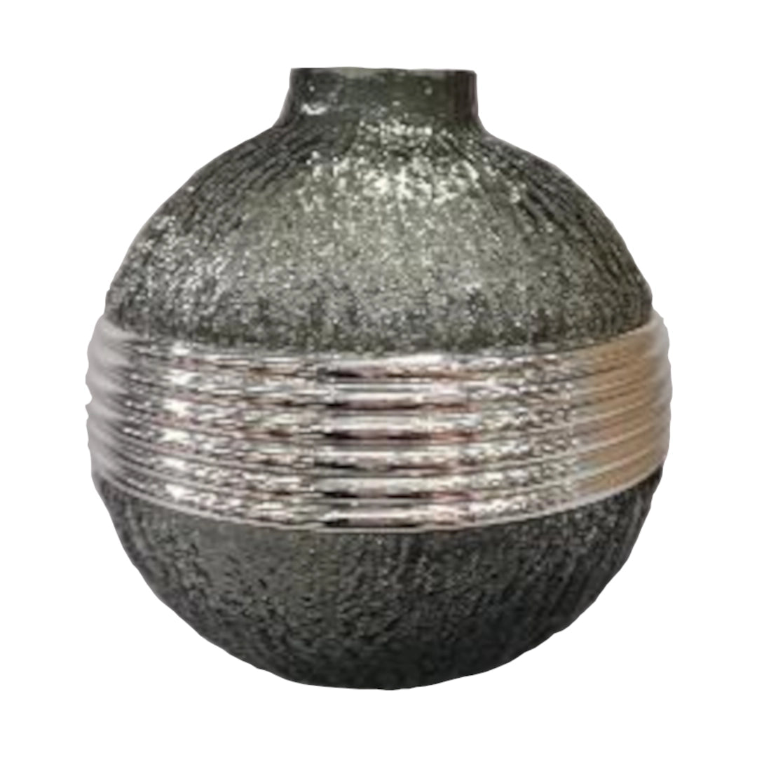 A Medium Sized Decorative Glass Vase with a  textured surface and silver bands on a white background