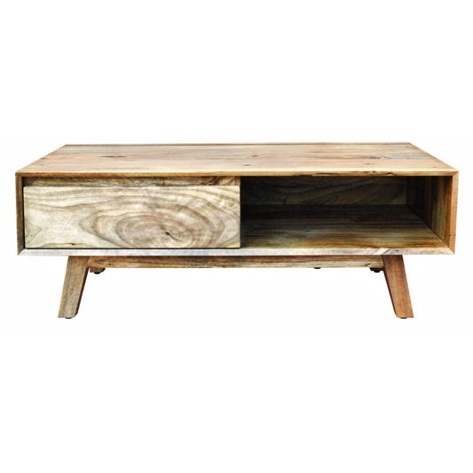 A wooden coffee table on a white background