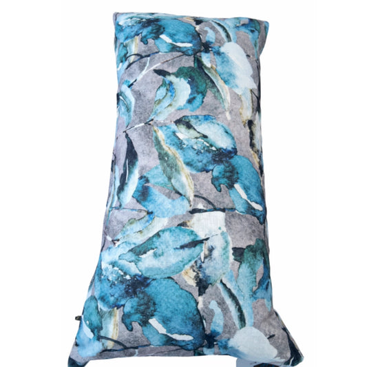 A blue leaf patterned scatter cushion on a white background