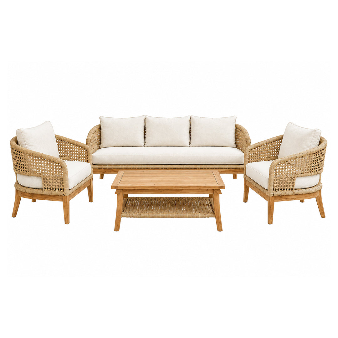 Mykonos four-piece outdoor patio suite with three-seater sofa, two armchairs and coffee table