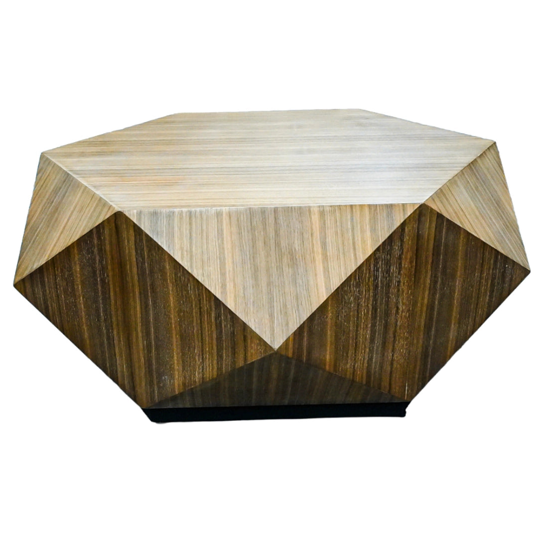 Geometric wooden side table with a two-tone design on a white background