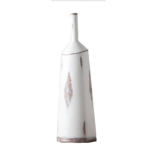 A White Polyresin vase with brown textured patterns.