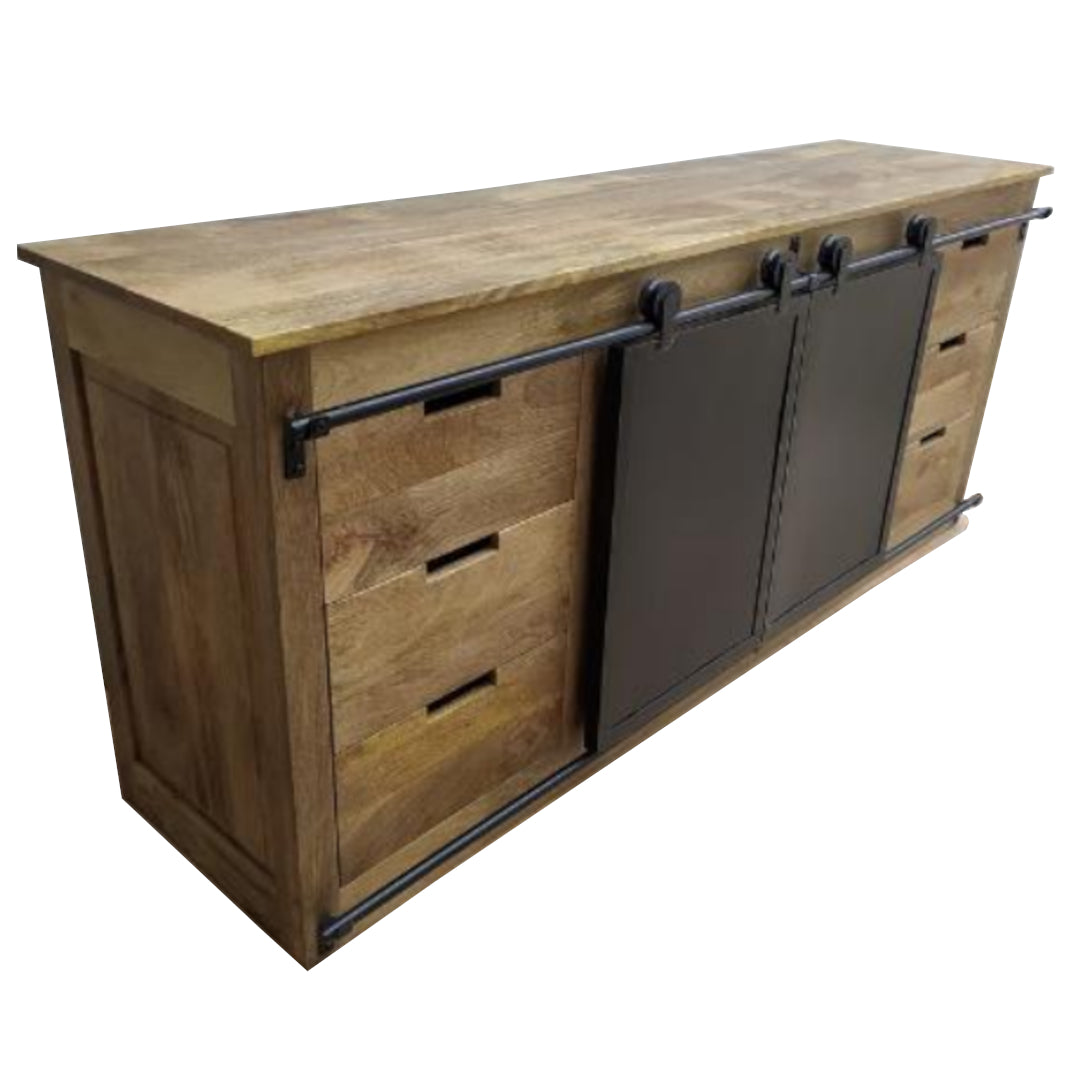 Wooden sideboard with sliding black door on a white background