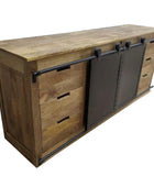 Wooden sideboard with sliding black door on a white background