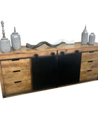 Wooden sideboard with sliding black panel and decorative items on a white background