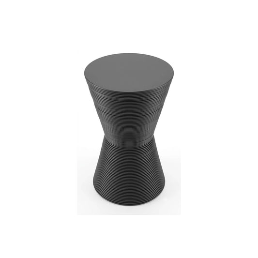 A black round side table on a white background
