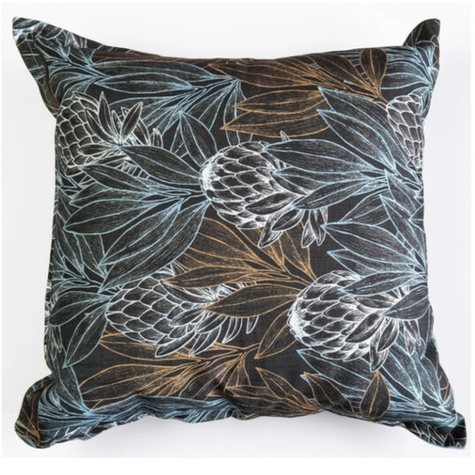 A black leaf patterned scatter cushion on a white background