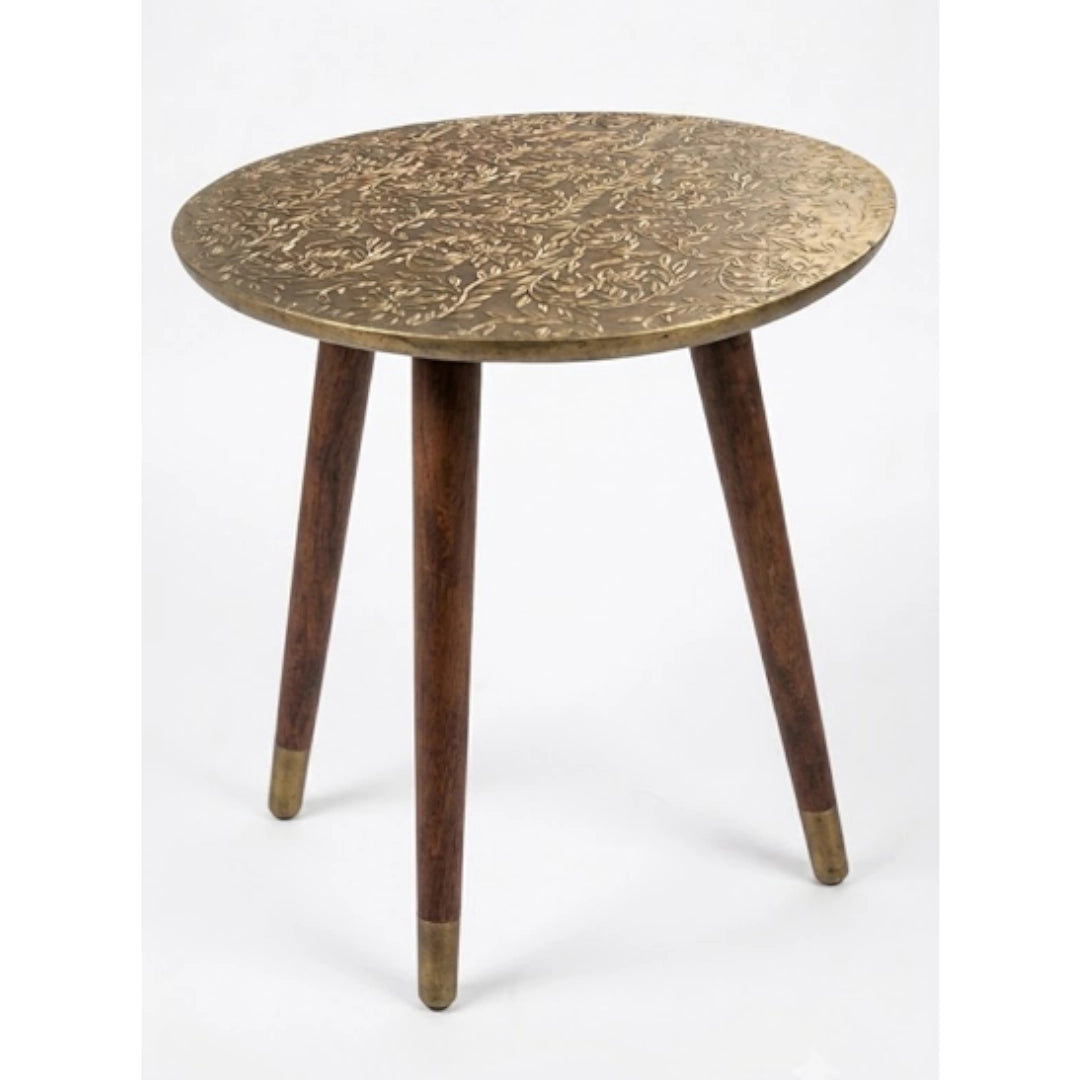 A Wood and gold side table on a white background