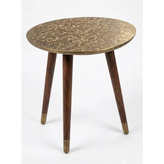 A Wood and gold side table on a white background