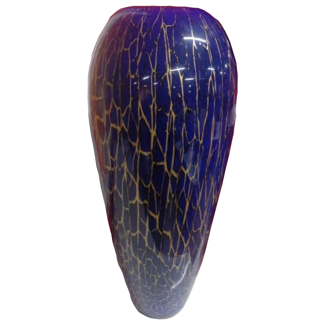 A glass vase with a Royal Blue and Gold design on a white background