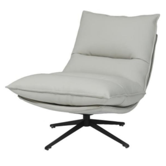 Gray lounge chair with black swivel base on a white background