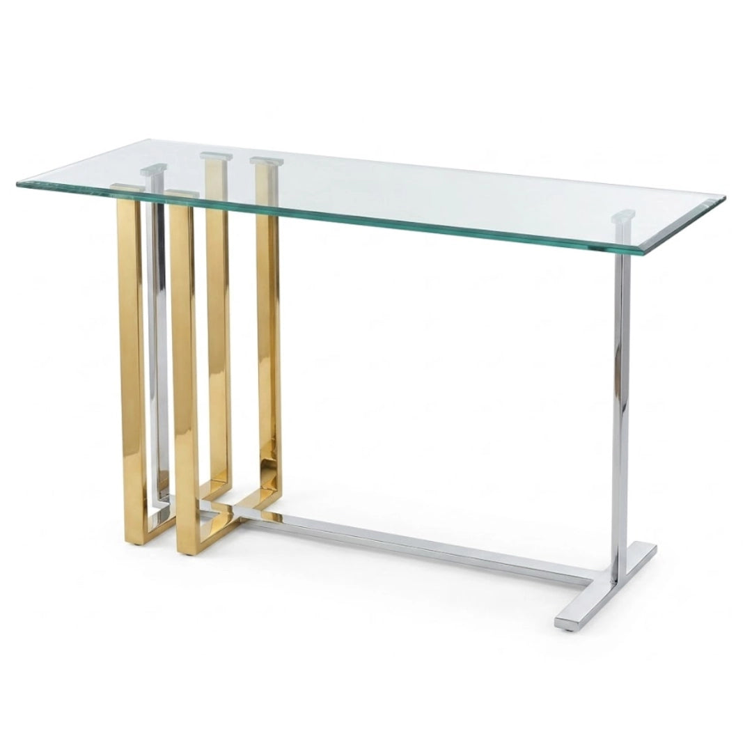 A steel, gold and glass server table on a white background