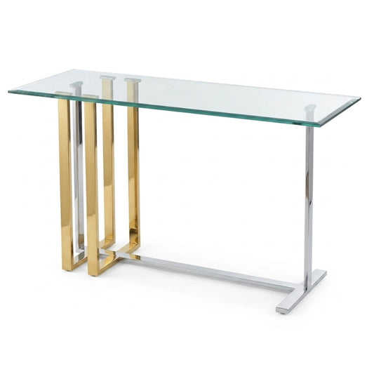 A steel, gold and glass server table on a white background