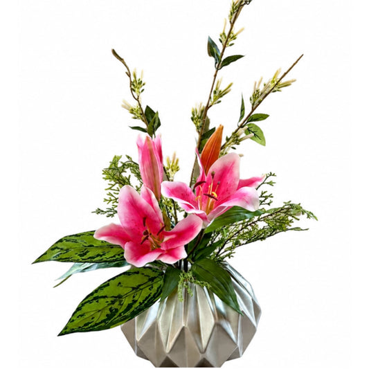 A vase with flowers on a white background