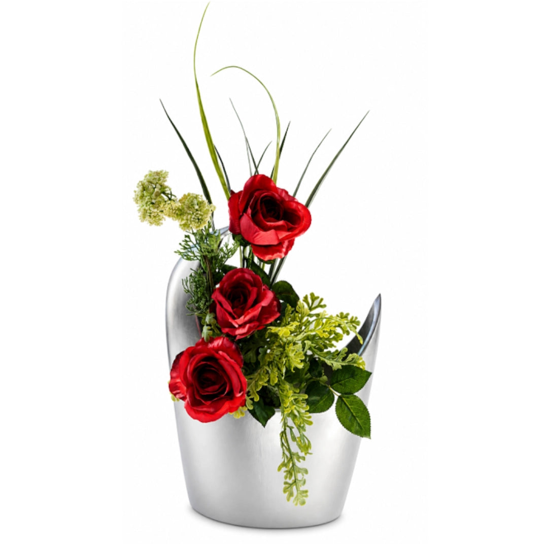 A vase with roses on a white background