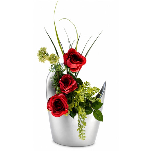 A vase with roses on a white background