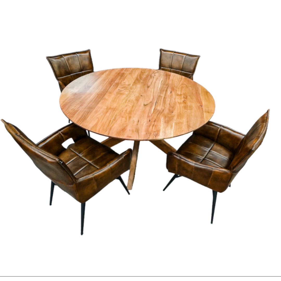 Round wooden table with four matching brown chairs on a white background