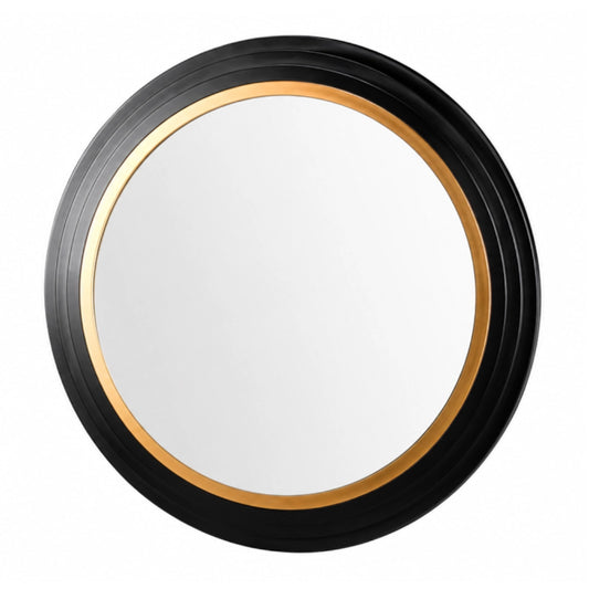A round mirror with a black frame on a white background