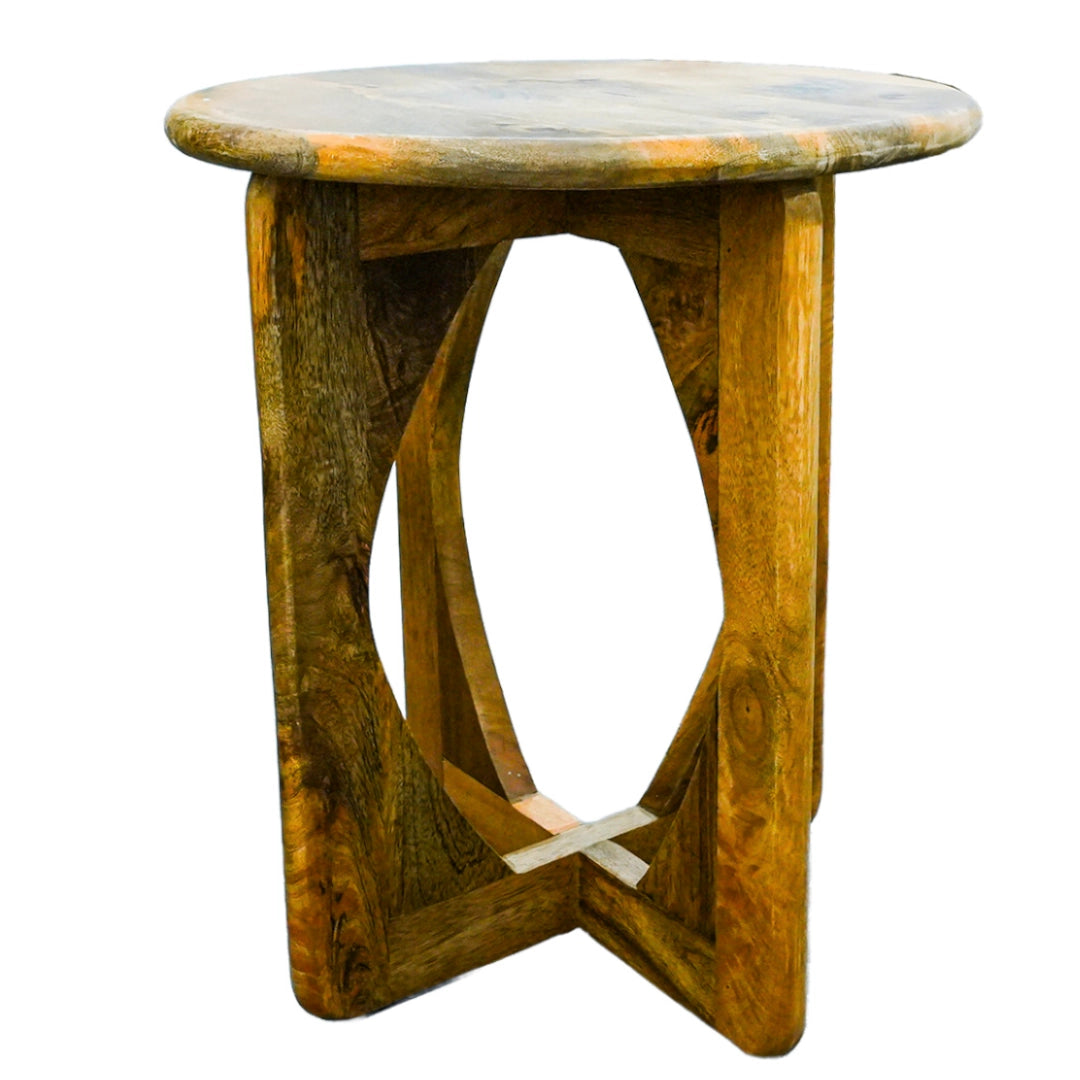 Wooden side table with a unique design on a white background