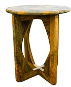 Wooden side table with a unique design on a white background