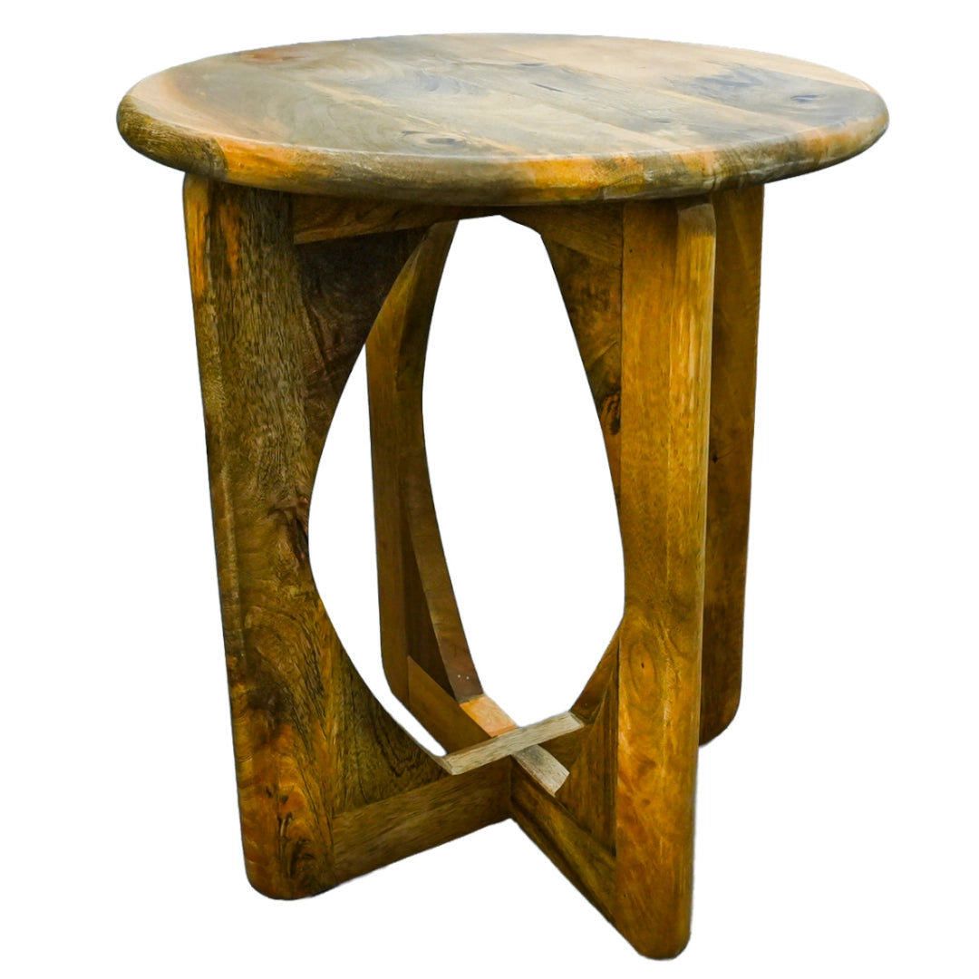 Wooden side table with a unique design on a white background