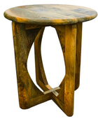 Wooden side table with a unique design on a white background