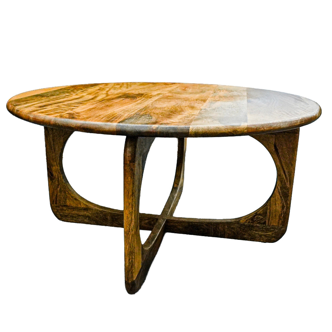 Round wooden table with a unique design on a white background