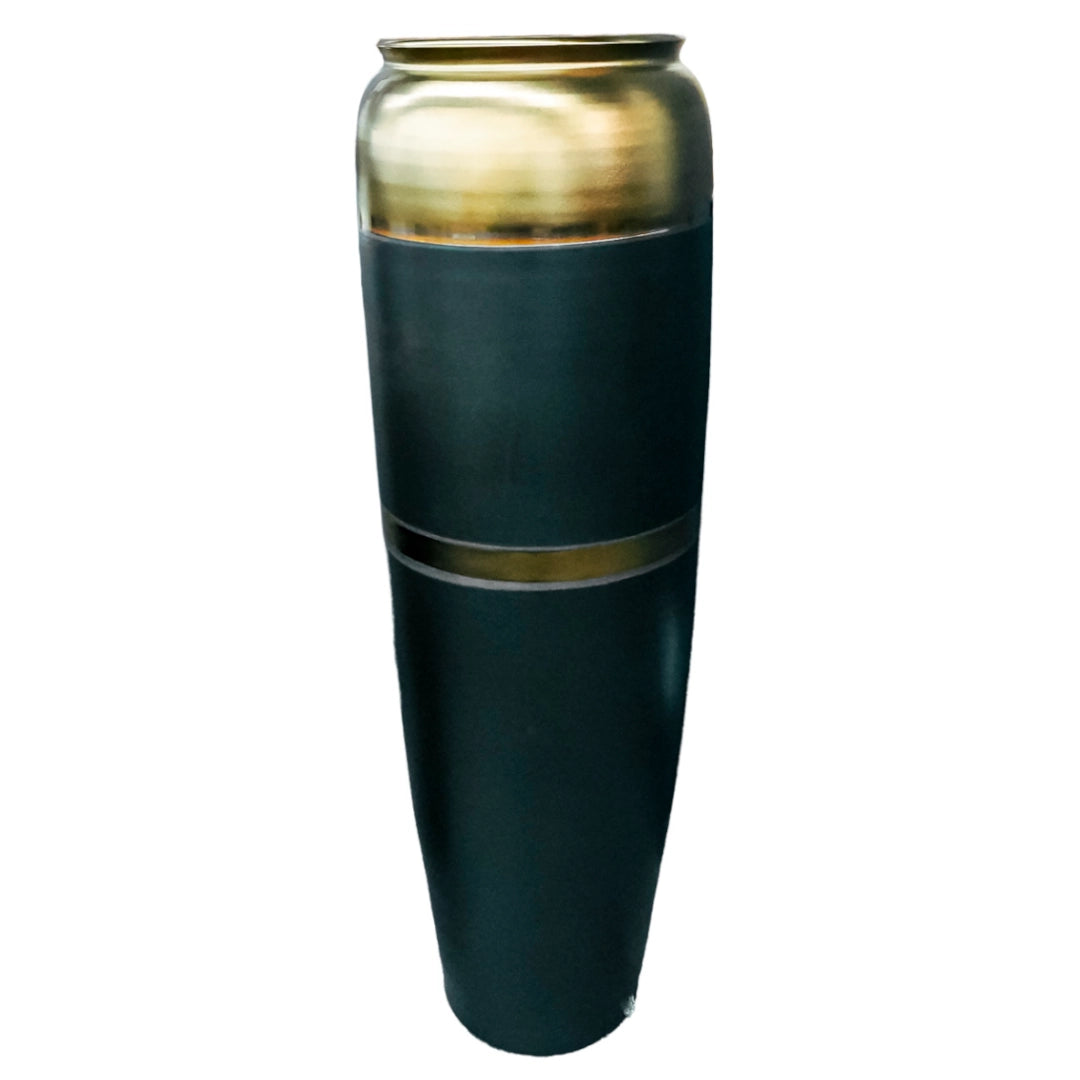 Tall black vase with gold accents on a white background