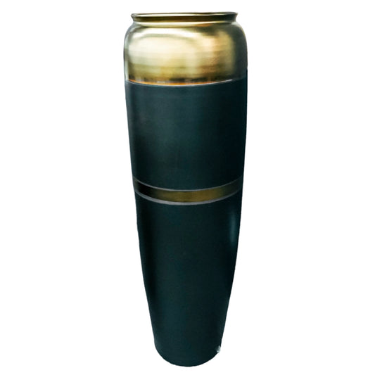 Tall black vase with gold accents on a white background
