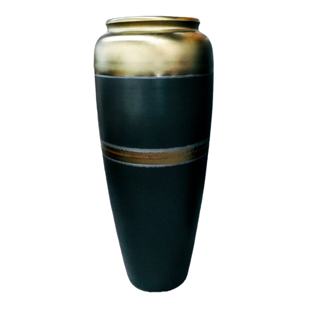 Tall black vase with gold accents on a white background