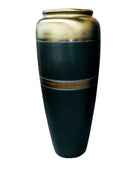 Tall black vase with gold accents on a white background