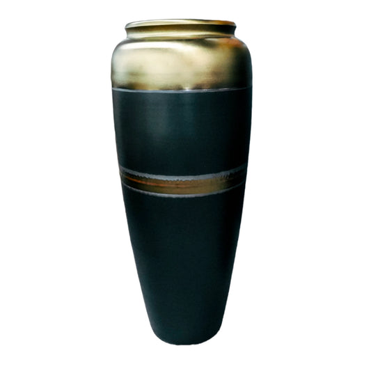 Tall black vase with gold accents on a white background