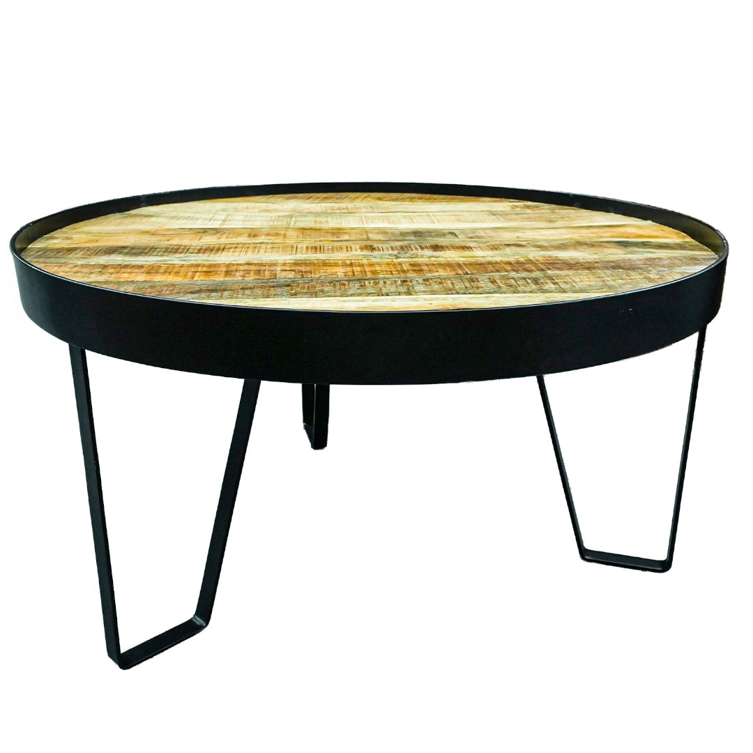 A wood and metal coffee table on a white background