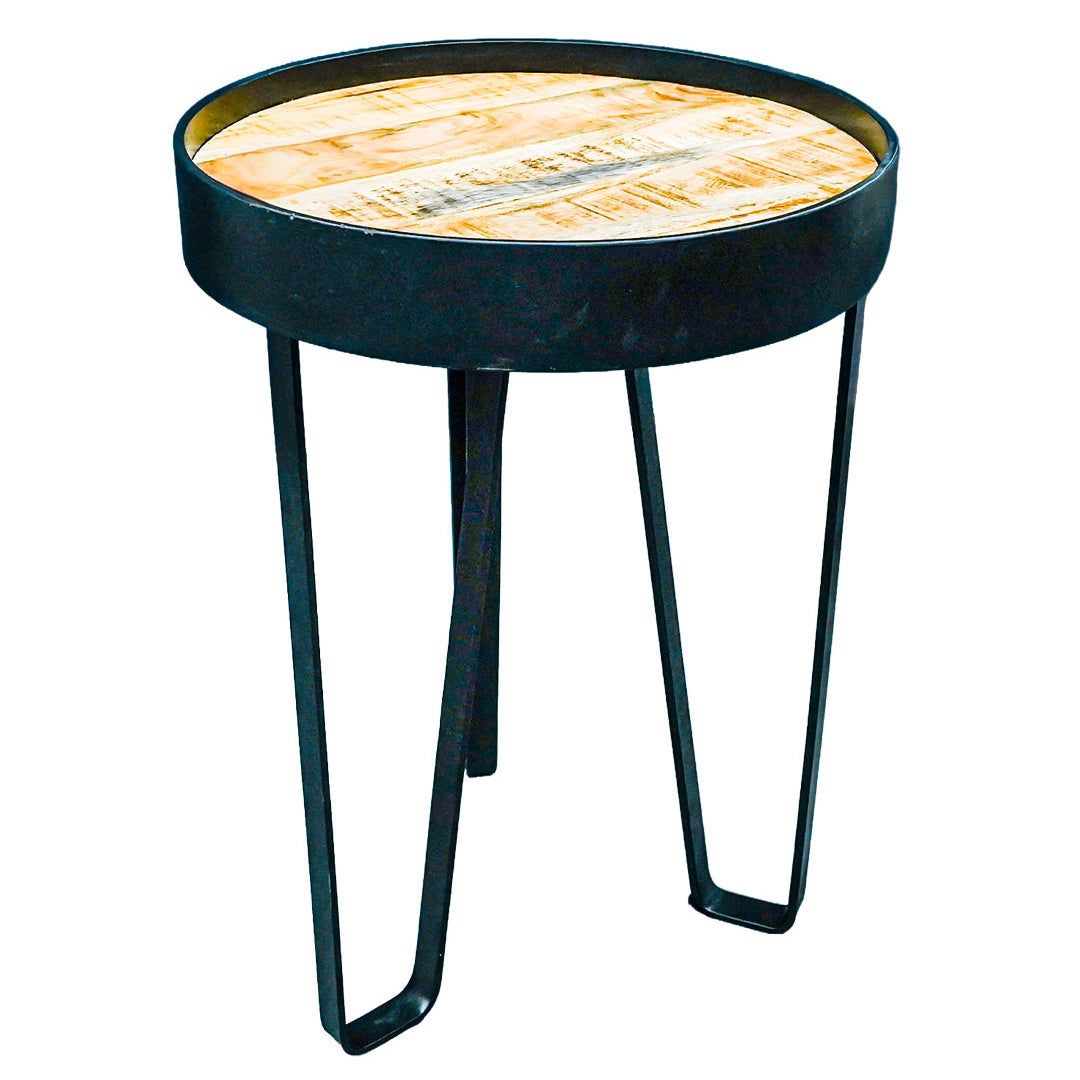 Round side table with black metal legs and wooden top on a white background