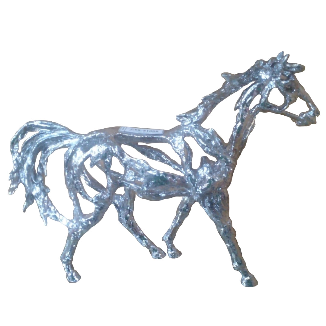Decorative horse figure with a metallic finish on a white background