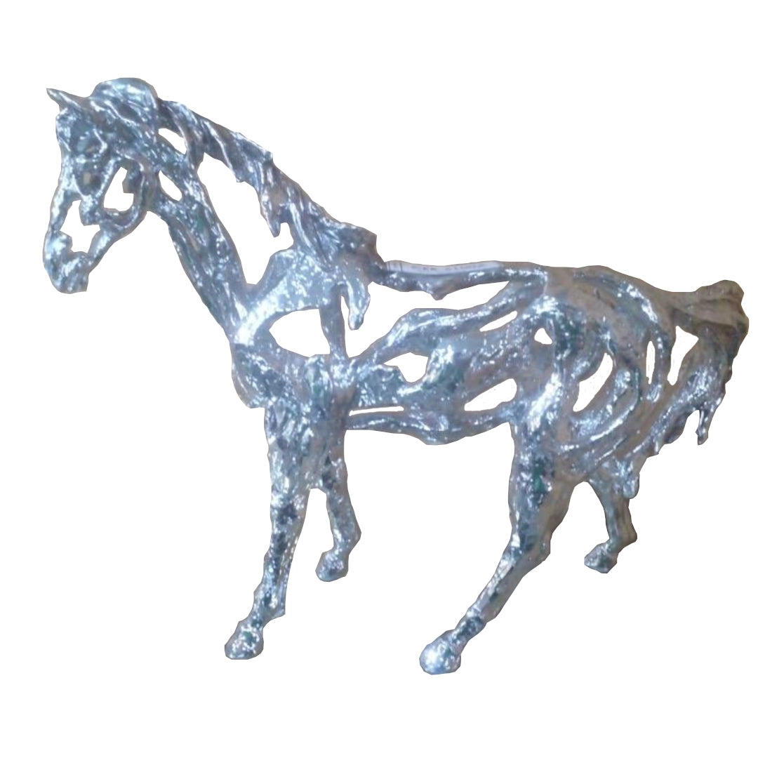 Metallic silver horse figurine on a white background