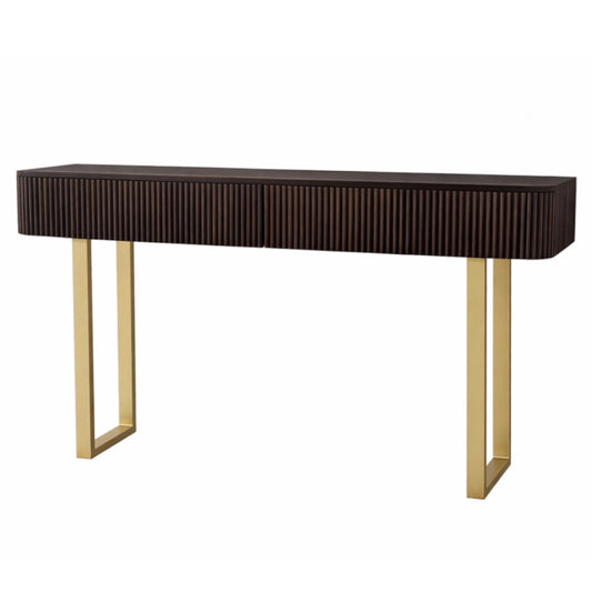 A wooden console table with metal stands on a white background