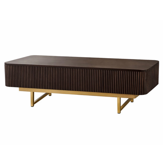 A wood coffee table on metallic legs on a white background