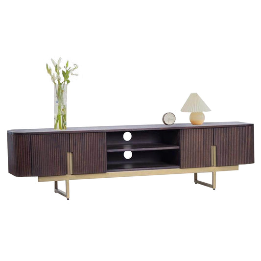 Wooden TV stand with decorative items on a white background