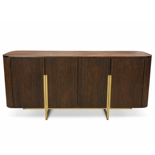 A wood and metal sideboard on a white background