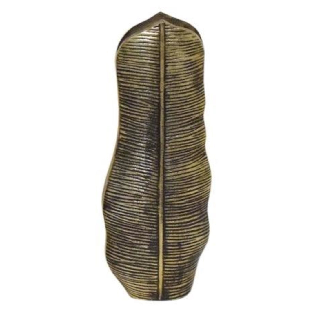 Decorative vase with a leaf-like design on a white background