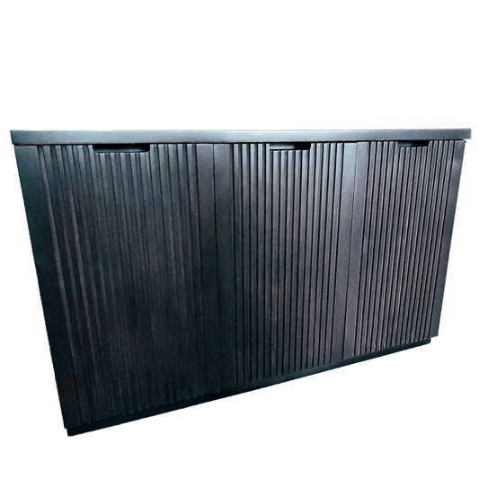 Black wood sideboard with horizontal slats on a white background