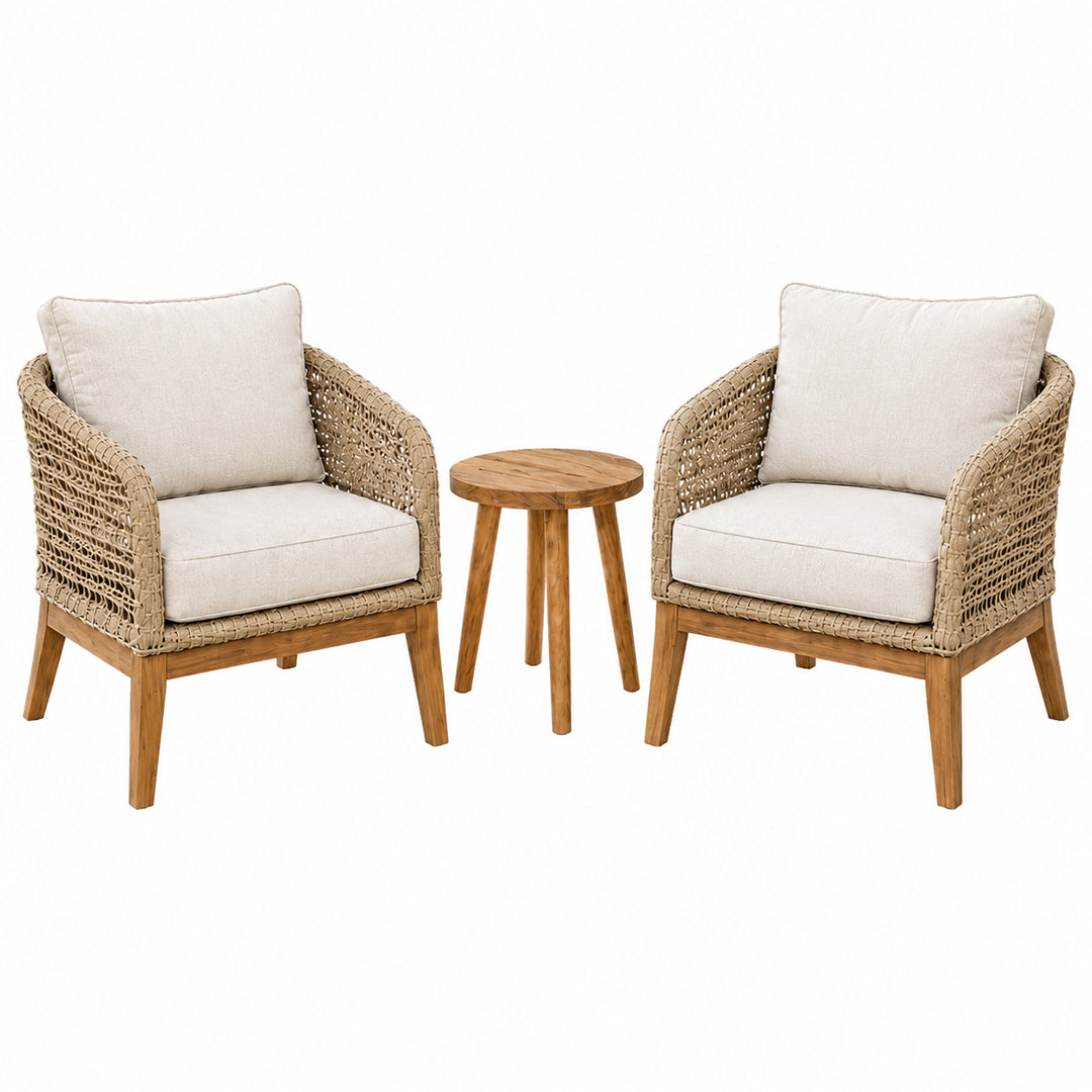Create a stylish outdoor retreat with the St Tropez Three-Piece Outdoor Balcony Patio Suite, featuring two comfortable armchairs and a matching side table.