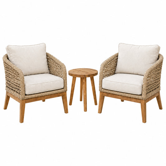 Create a stylish outdoor retreat with the St Tropez Three-Piece Outdoor Balcony Patio Suite, featuring two comfortable armchairs and a matching side table.