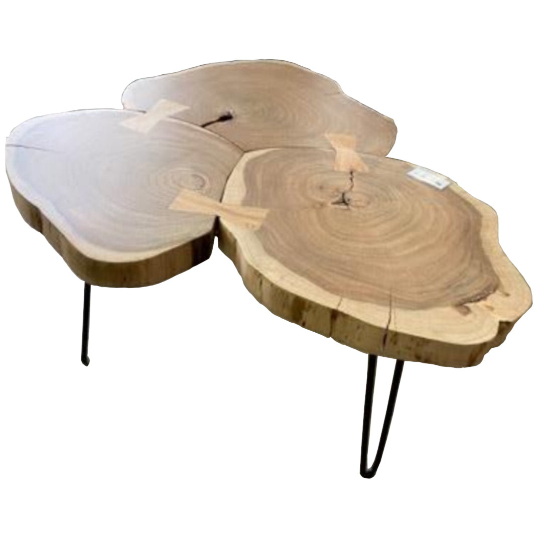 A wooden side table with a natural, rustic design on a white background